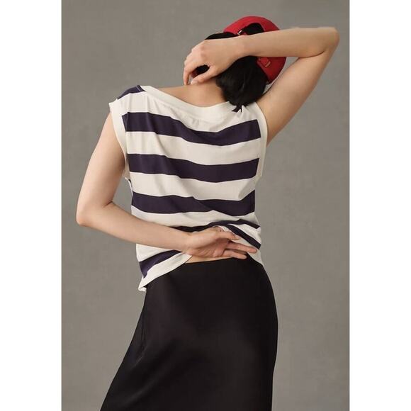 Anthropologie Maeve Tie Front Wrap Tee Shirt Size L Navy‎ White Rugby Striped - Picture 8 of 14